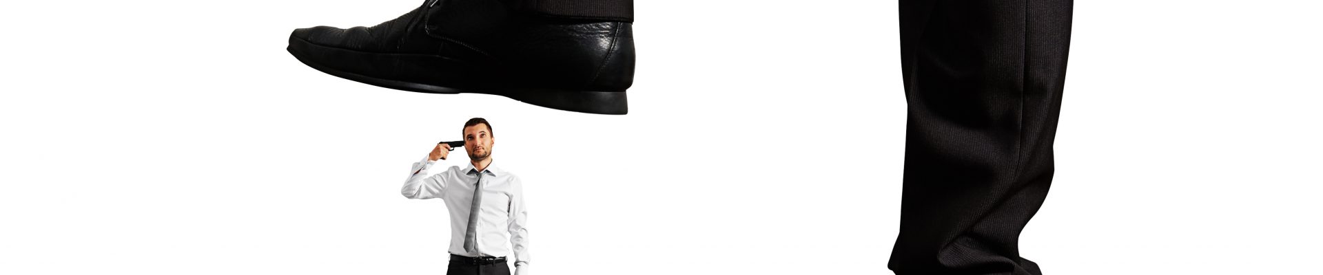man with gun under big leg his boss small desperate businessman with gun under big leg his boss. isolated on white background